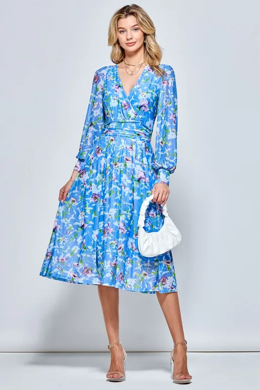 Floral Long Sleeve Mesh Midi Dress - Jolie Moi