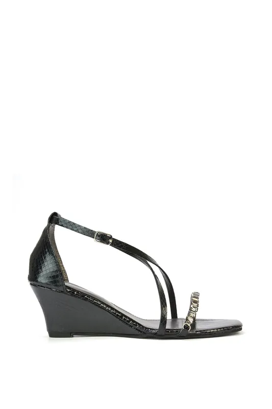 Sky' Strappy Square Toe Patterned Diamante Wedge Heel Sandals - XY London