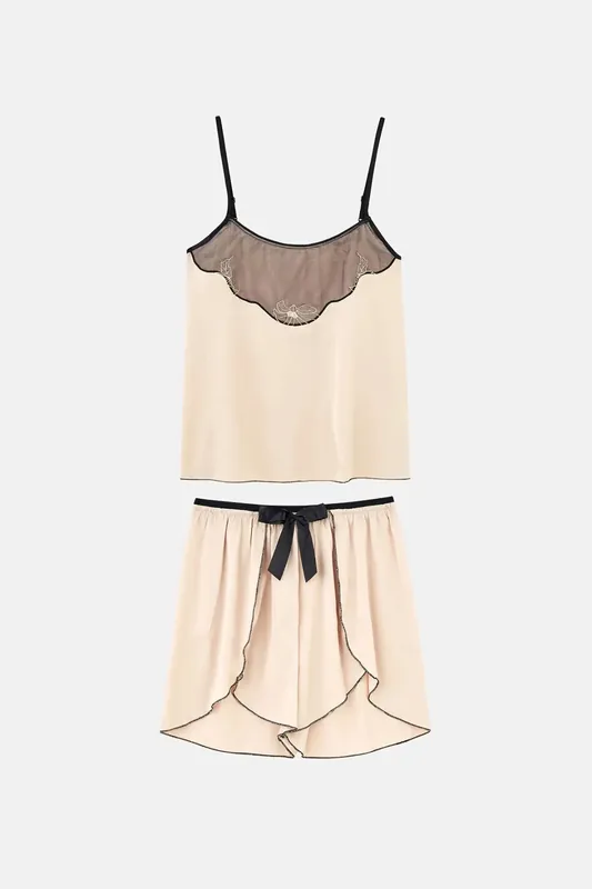 Satin High-Waist Pajama Set with Lace Detail