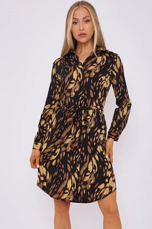 Black Leopard Print Belted Mini Shirt Dress - Love Sunshine