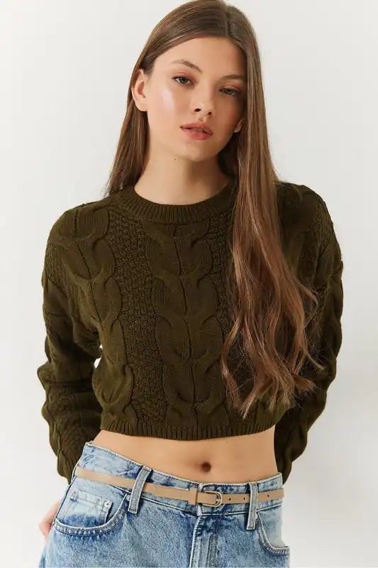 Textured Ribbed Crop Sweater with Crew Neck - Bianco Lucci