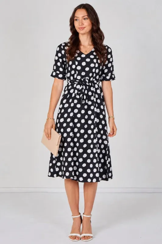 Black Polka Dot Short Sleeve Midi Dress - Love Sunshine