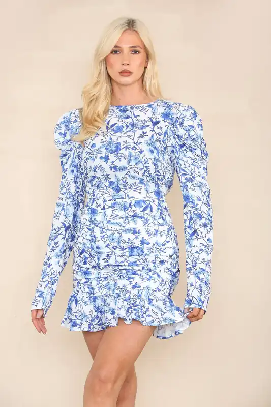 White Blue Floral Dress Pencil Mini - ELAINA FASHION