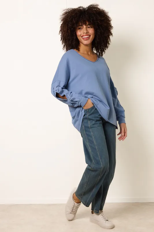Blue Loop Back Sweat Bow Sleeve Raw Edge V Neck Top - Blue Vanilla