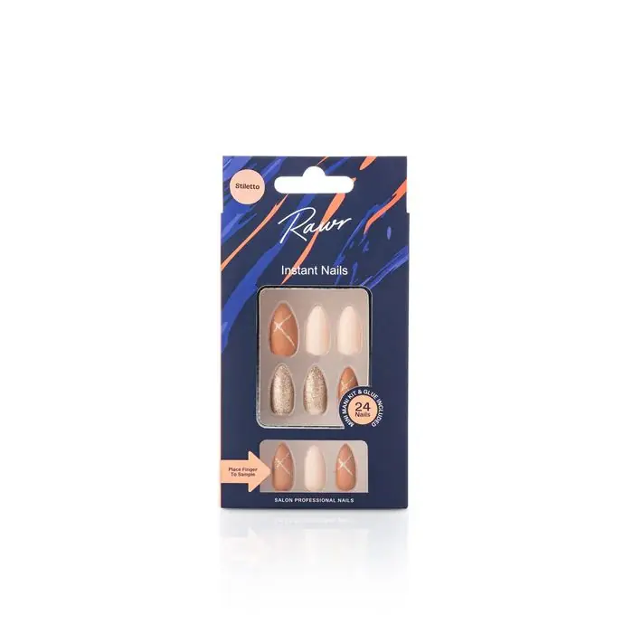 Rawr Stick On Nails Brown/Beige/Glitter Stiletto - Rawr Beauty