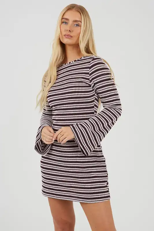 Textured Long Sleeve Stripe Mini Dress - Brave Soul
