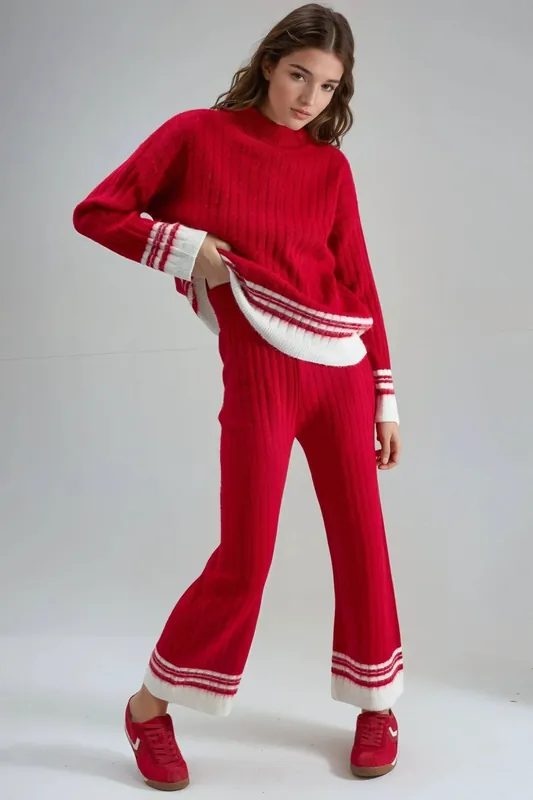 Striped Ribbed Knit Co-Ord Set with Half Turtleneck