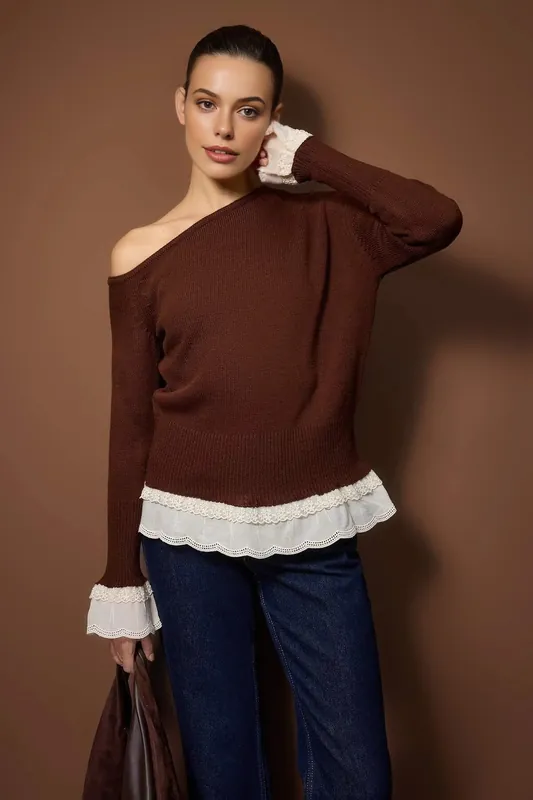 Lace Trim Boat Neck Knit Jumper - WOVCOR