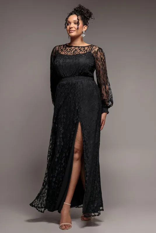 Lace Long Sleeve Shirred Waist Maxi Dress - Goddiva