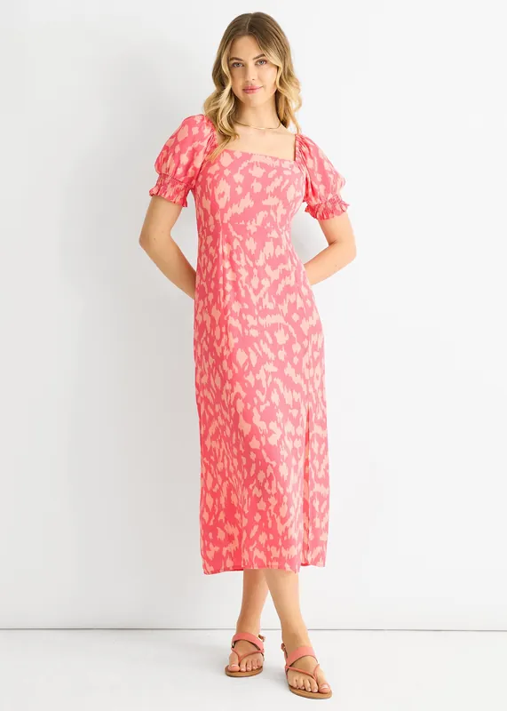 Pink Animal Print Square Neck Viscose Midi Dress - Gini London