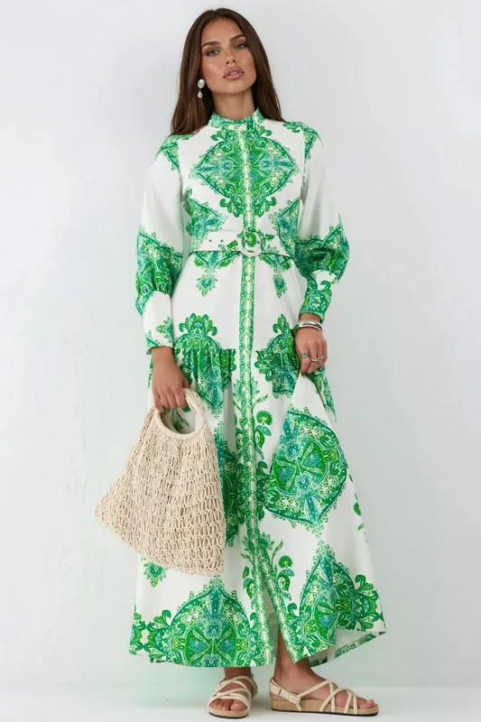 Paisley Print Belted Maxi Dress with Shirt Collar - MSN Collection
