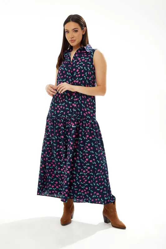 Oversized Cherry Print Maxi Dress in Navy - Liquorish