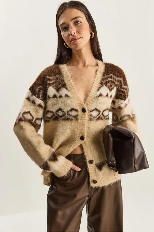 Thick Ethnic Pattern V-neck Cardigan with Buttons