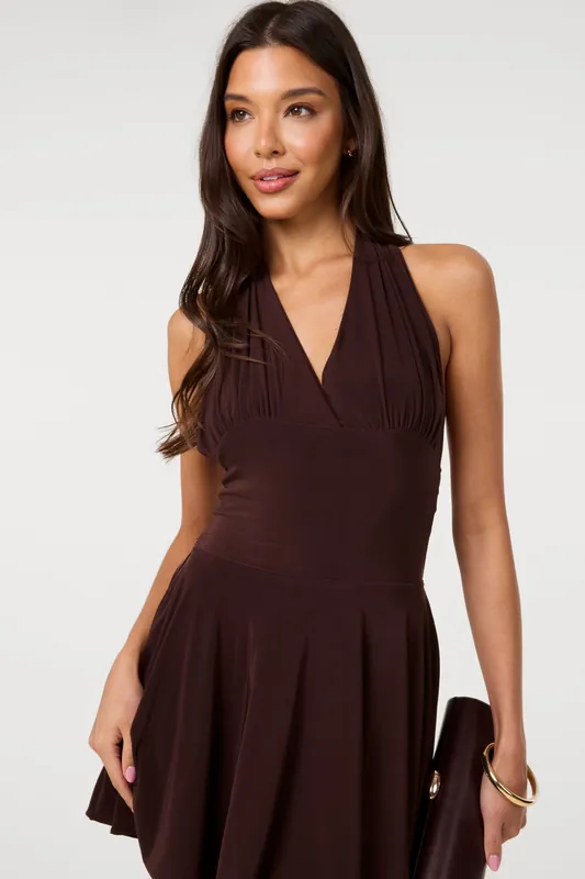 Brown Slinky Halter Neck Dress - Pink Vanilla