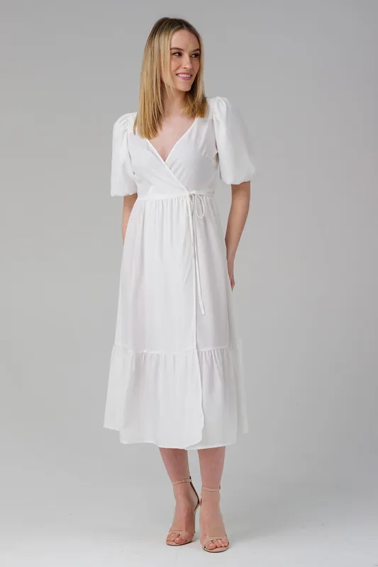 Puff Sleeve Wrap Tie V-Neck Midi Dress