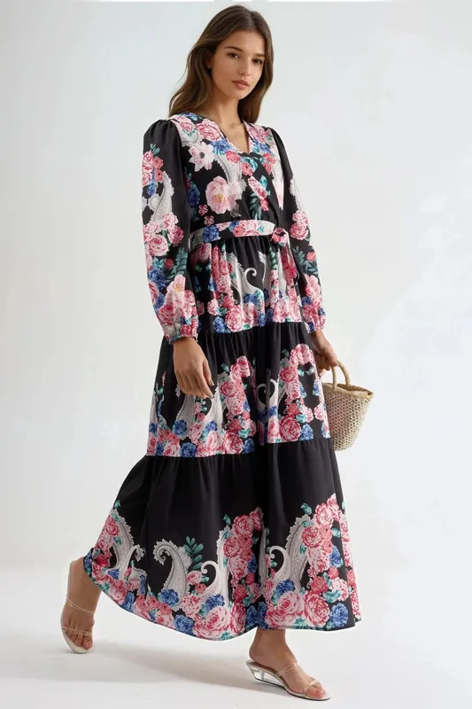 Floral V-Neck Maxi Dress with Tie Detail
