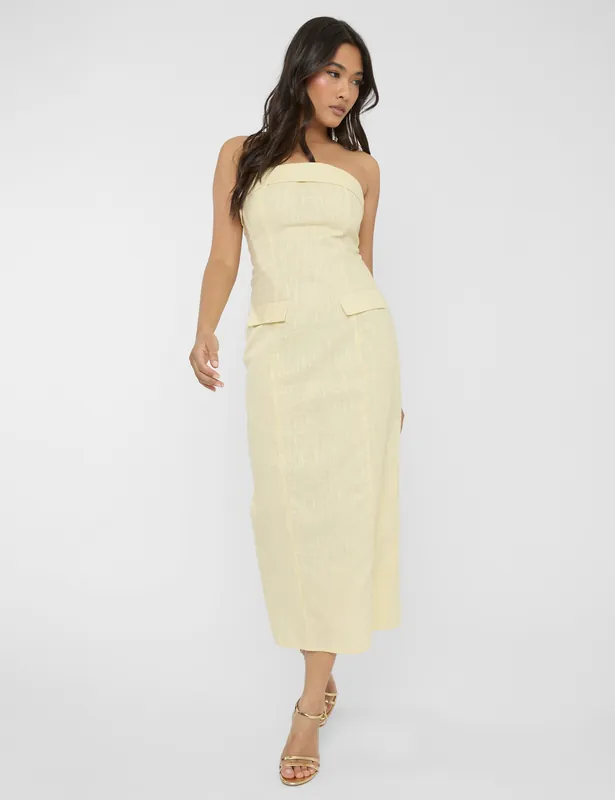 Linen Look Tailored Fold Over Bandeau Pocket Detail Midi Dress Yellow - Public Desire