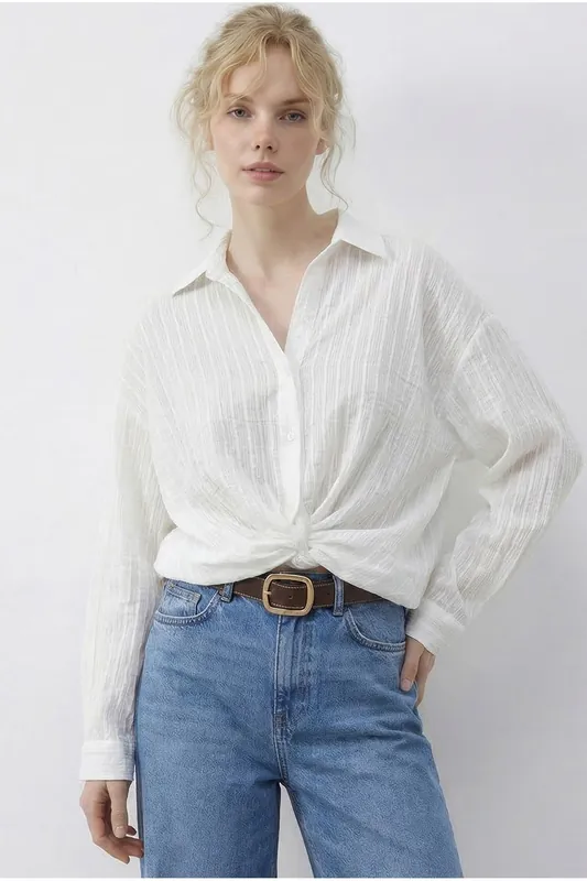 Loose Fit Striped Shirt with Tie Detail - Bianco Lucci