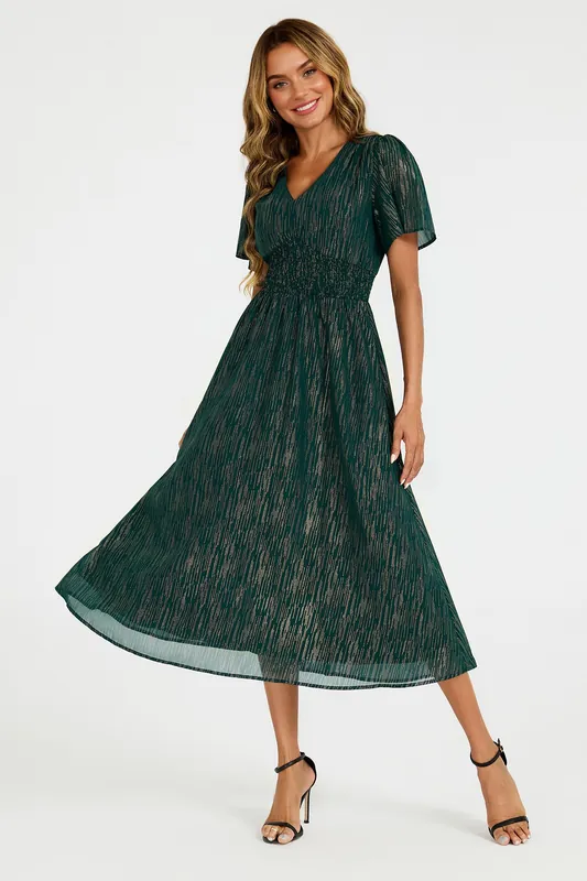 Gold Stripe Foil V-Neckline Short Sleeve Dress
