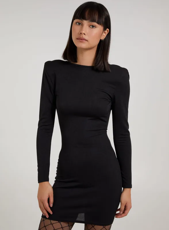 Scoop Neck Long Sleeve Shoulder Pad Dress - Pink Vanilla