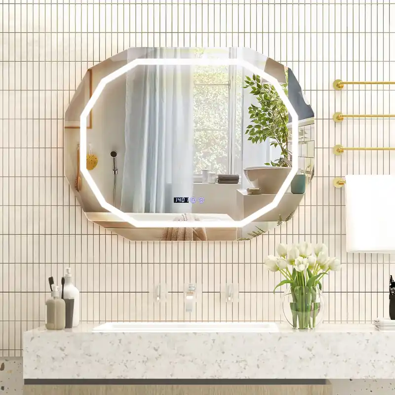 LED Bathroom Mirror Single Beveled Edge Anti-Fog Mirror with 3 Color LED Light