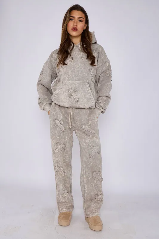 Crucifix Embroidered Acid Wash Fleece Oversized Co-ord