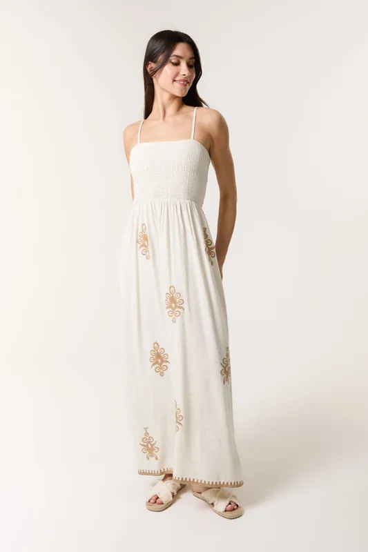 Off White Shirred Maxi Dress - Blue Vanilla