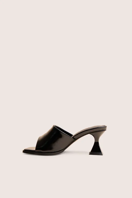 Romi Black Patent Mule Square Toe Flared Block Mid Heels - Public Desire