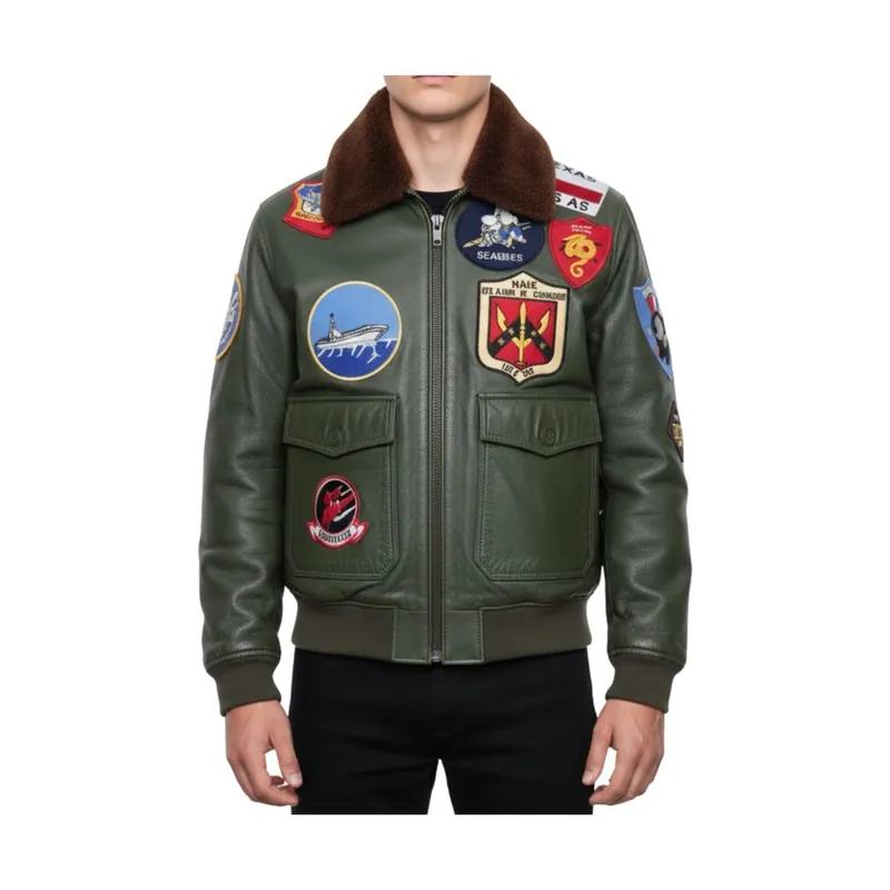 Cowhide Leather Aviator Style Embroidered Patches Bomber Jacket - TruClothing