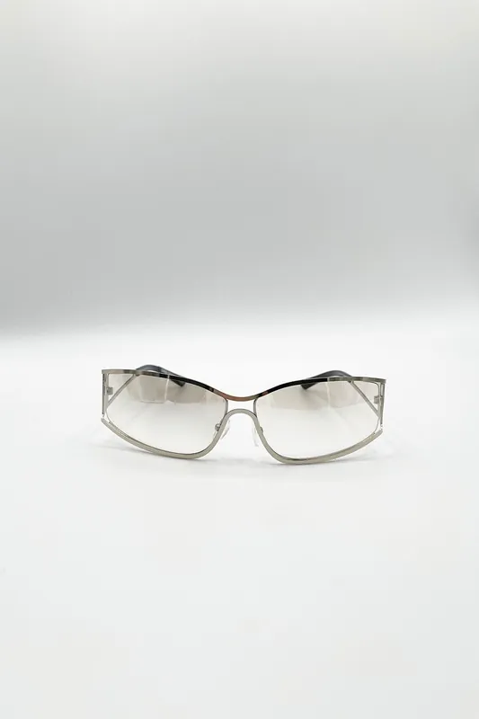 Retangle Wrap Around Metal Sunglasses In Silver - SVNX