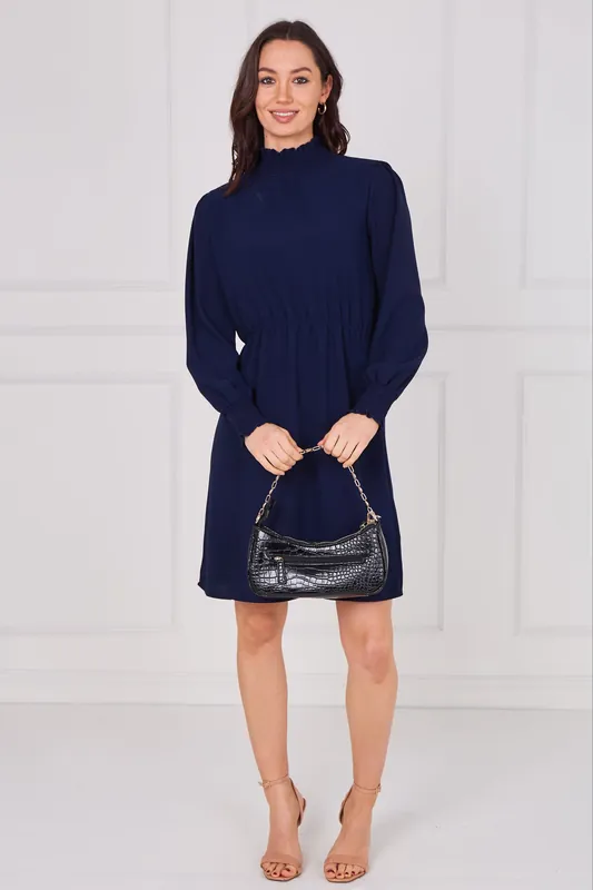 Navy Shirred Neck Long Sleeve Dress - Love Sunshine