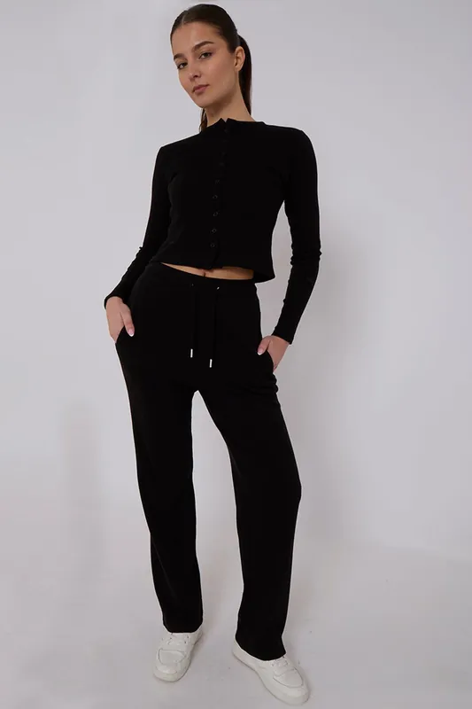 Ribbed Button Detail Crop Top and Wide Leg Trouser Co-ord