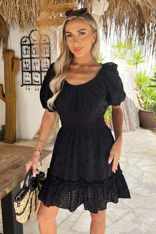 Black Broderie Puff Sleeve Frill Hem Mini Dress - AX Paris