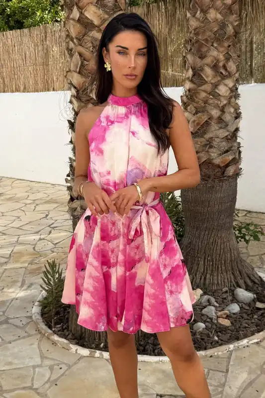 Pink Marble Print Halterneck Tie Waist Mini Dress - AX Paris