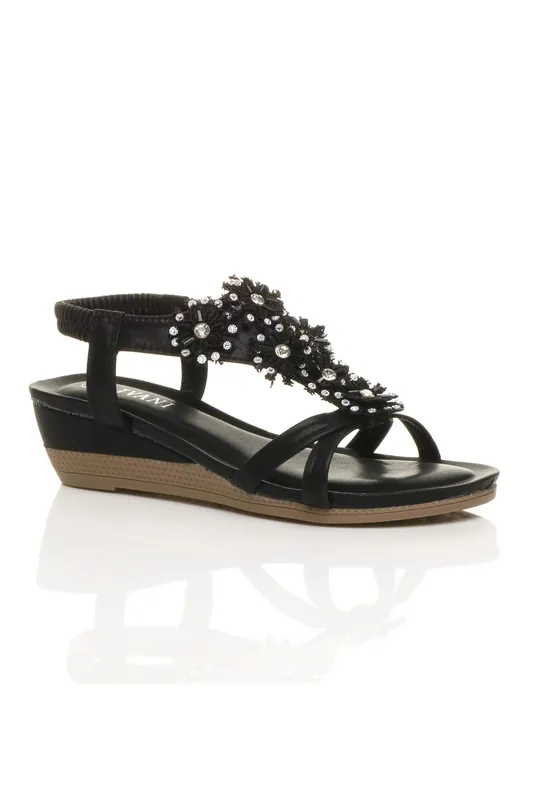 Mid Wedge Diamante T-Bar Slingback Sandals