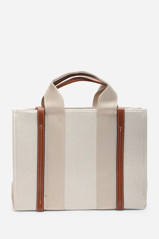 Margaret Canvas Stripe Tote Bag in Light Brown with Cross Body Strap - Where's That From