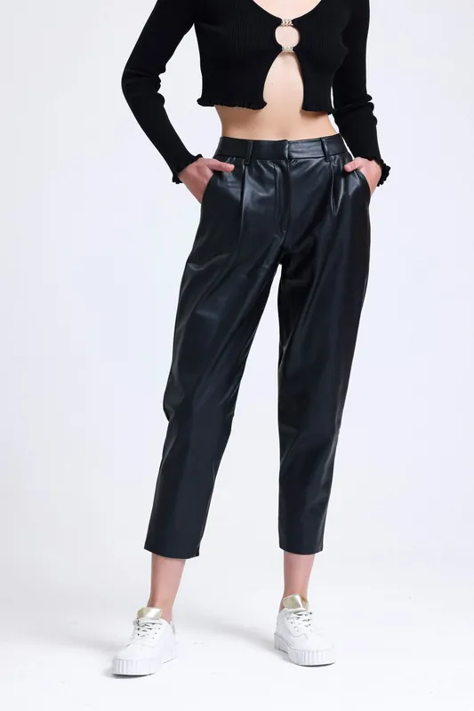 Faux Leather High Waist Pleated Peg Leg Trousers - Hiccup