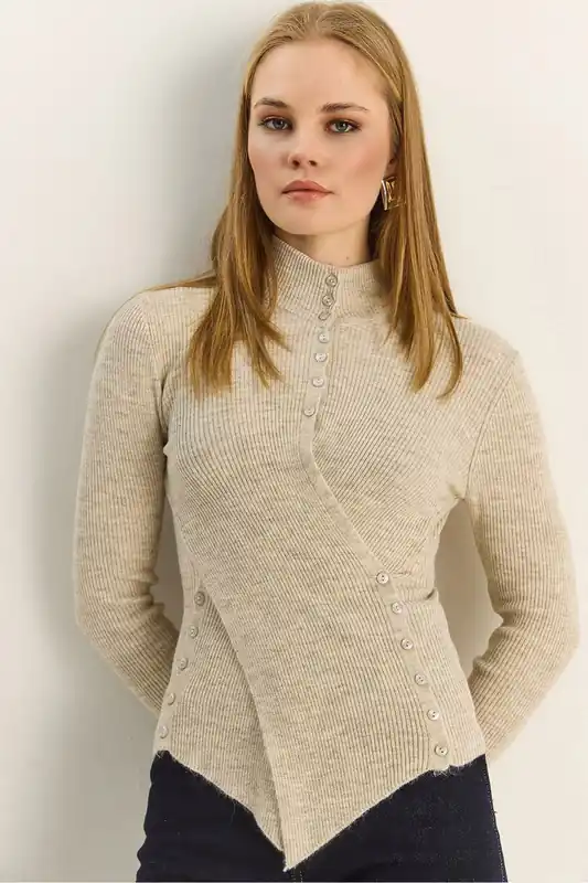 Half Turtleneck Button Detail Sweater - Bianco Lucci