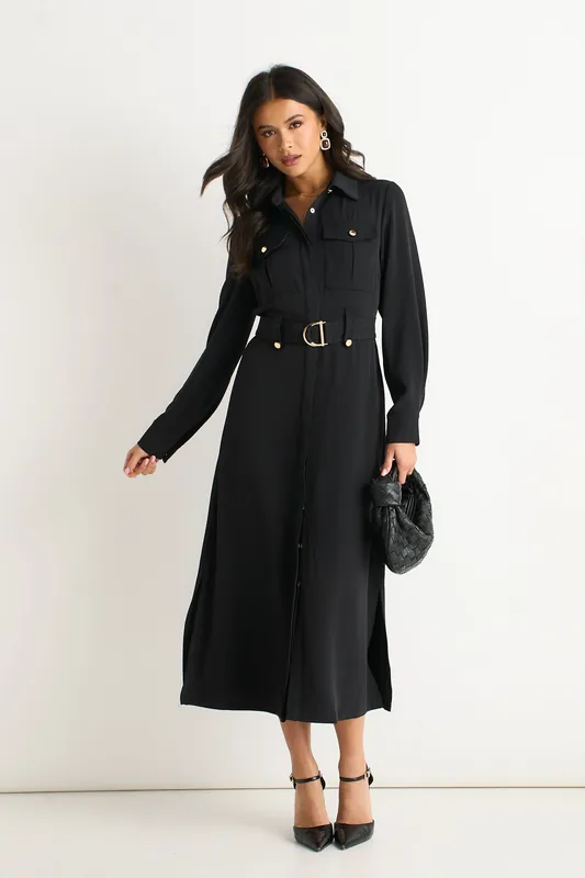 Black Luxe Gold Button Utility Shirt Dress - Gini London