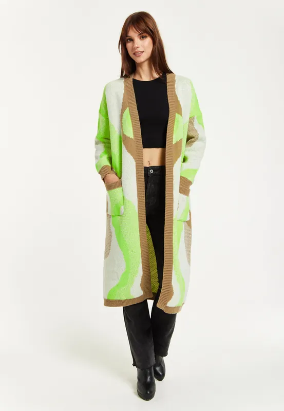 Longline Cardigan In Brown, Green And White - Liquorish