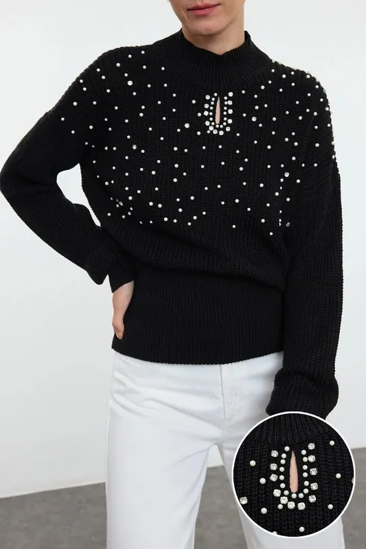 Pearl Embellished High Neck Knitted Sweater - WOVCOR