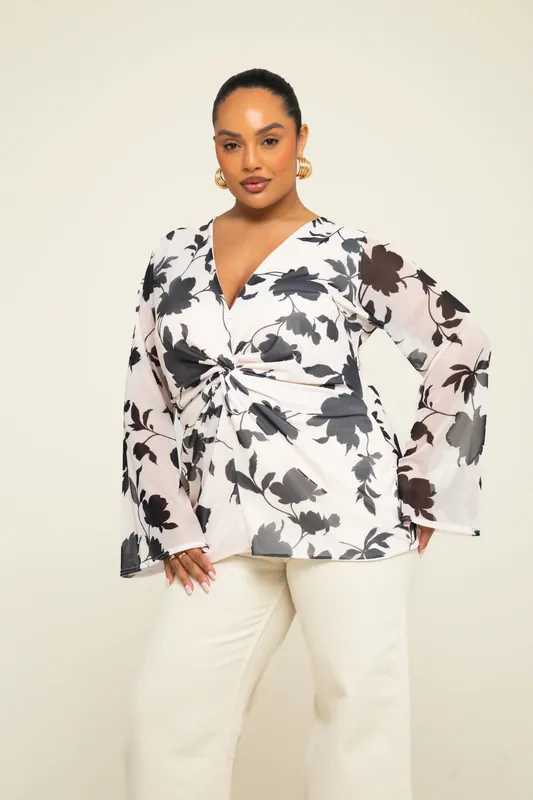 Curve Floral Print Twist Front Flare Sleeve Mesh Blouse - FASHION-SZN