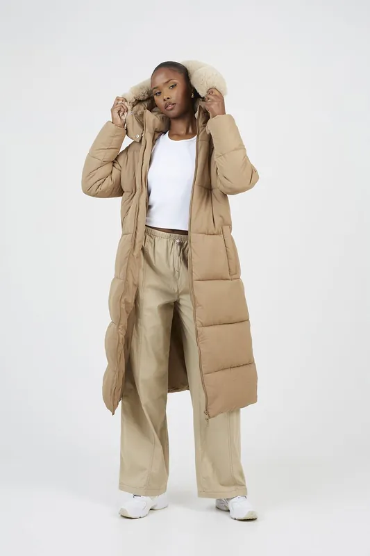 Maxi Hooded Padded Jacket With Detachable Faux Fur Trim - Brave Soul