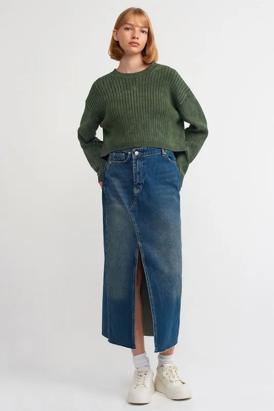 High-Waist Maxi Denim A-Line Skirt