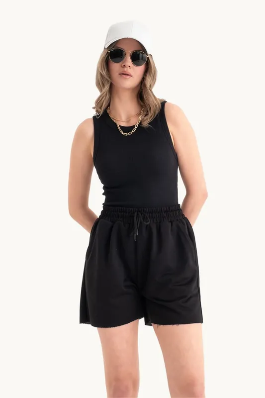 2 Pieces: Round Neck Basic Tank Top & Mid Rise Drawstring Shorts - Hiccup