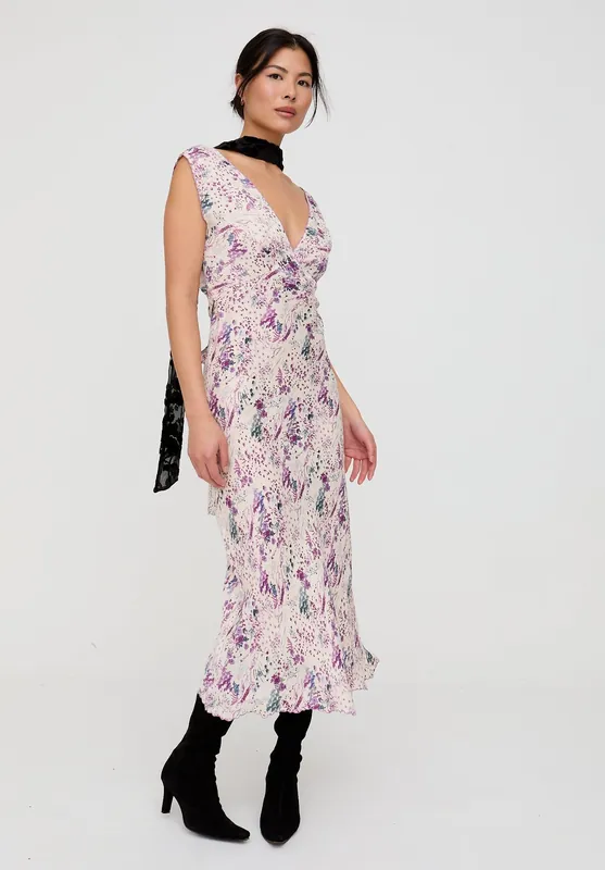 Zola Bias Cut Wonderland Print Midi Dress In Multi - Lily and Lionel