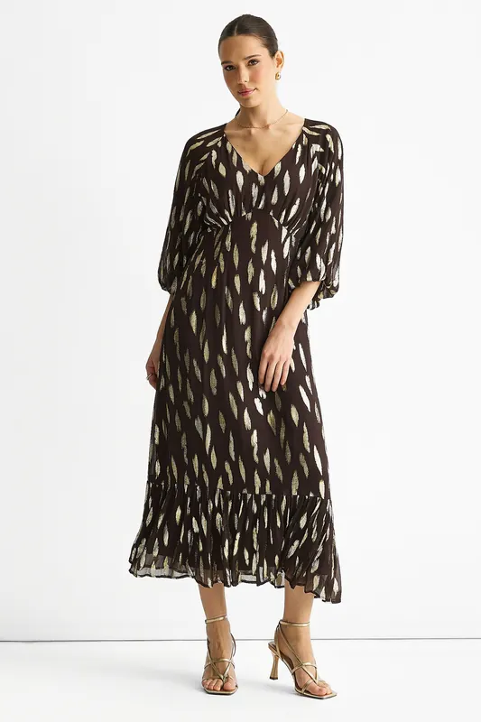 Chocolate Viscose Clipped Balloon Sleeve Maxi Dress - Gini London