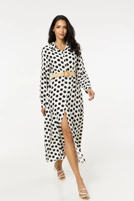 Polka Dot Belted Midi Shirt Dress - Liquorish