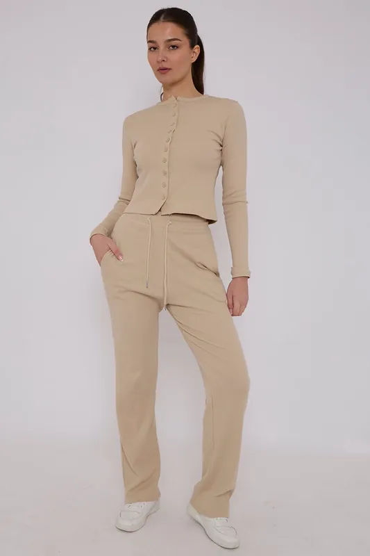 Ribbed Button Detail Crop Top and Wide Leg Trouser Co-ord