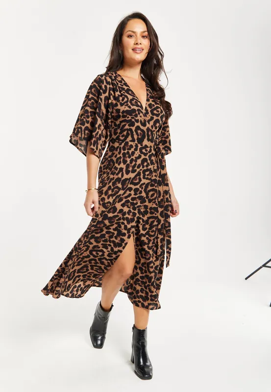 Leopard Midi Dress With Short Sleeves - Liquorish